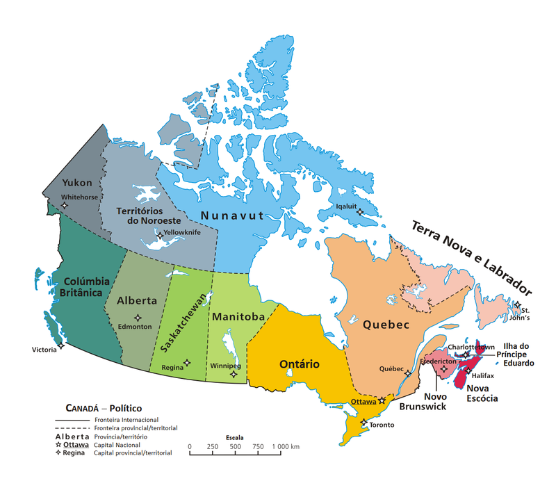 Mapa clicável do Canadá exibindo suas dez províncias, três territórios e suas respectivas capitais
