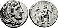 Moneta di Alessandro Magno (323 a.C.), con Eracle al diritto e Zeus al rovescio