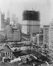 Black-and-white photograph of the Woolworth Building's ironwork being erected, taken in April 1912