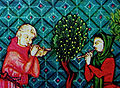A medieval painting of two alboka players.