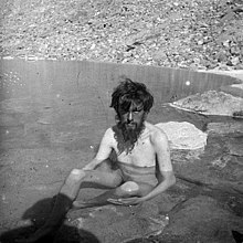 Crowley bathing in a spring during the K2 Expedition, 1902