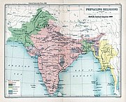 A map of the prevailing religions of the British Indian empire based on district-wise majorities based on the Indian census of 1909, and published in the Imperial Gazetteer of India. The partition of the Punjab and Bengal was based on such majorities.