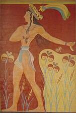 A restored mural, called The Prince of Lilies, from the Bronze Age Palace of Minos at Knossos on Crete