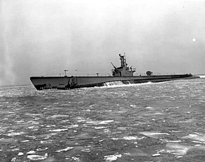 Loggerhead (SS-374), during sea trials on Lake Michigan, winter 1944.