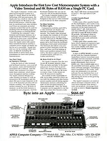 A 1976 advert for the Apple I computer, titled "Apple Introduces the First Low Cost Microcomputer System with a Video Terminal and 8K Bytes of RAM on a Single PC Card".