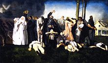 La peinture représente des hommes, des femmes et des enfants gisant sur le sol. Un groupe d’ecclésiastiques prie le ciel. Certains figurants brisés par la douleur se cachent le visage tandis que le personnage central brandit un poing au ciel.