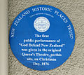 Historic Places Trust blue plaque in Dunedin at the site of the first performance of God Defend New Zealand