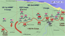 A map of the area around Caen showing the progress made by Allied forces between D-Day and 12 June, as described in the text.