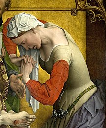 Detail from Descent from the Cross depicting Mary Magdelen. The altarpiece was completed a year or two before The Magdalen Reading.[60]