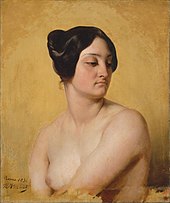 painting of head and torso of young white woman, not wearing very much clothing