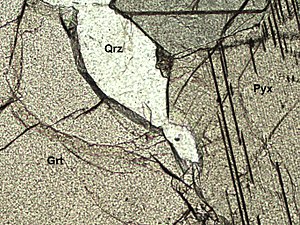 Dünnschliff, der einen Quarz (Qrz), einen Granat (Grt) und ein Pyroxen (Pyx) zeigt. Der Quarz hat einen ähnlichen Brechungsindex wie das Einbettungsmedium (1.54) und zeigt daher kein Relief. Im Gegensatz zu Quarz wirken der Granat links und der Pyroxen rechts deutlich erhoben. Minerale der Pyroxengruppe besitzen eine erhöhte Lichtbrechung (Bsp. Augit mit ca. 1.7) und Granate eine sehr hohe Lichtbrechung. Bildhöhe ca. 1 Millimeter.