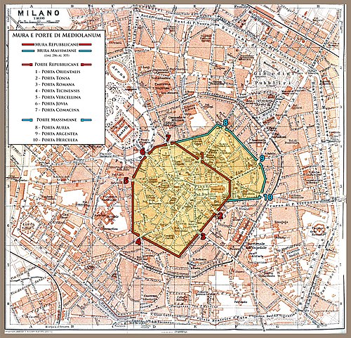 Le mura romane di Milano. In rosso il tracciato delle mura repubblicane, in blu quello delle mura massimiane