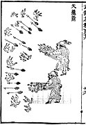 An illustration of fire arrow launchers as depicted in the Wubei Zhi. The launcher is constructed using basketry.