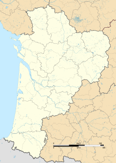 Mapa konturowa Nowej Akwitanii, po lewej nieco u góry znajduje się punkt z opisem „Meschers-sur-Gironde”