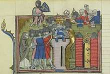 A miniature depicting Godfrey of Bouillon during the siege of Jerusalem