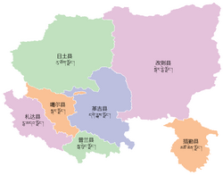 Map showing Rutog County (green, upper left) in Ngari Prefecture