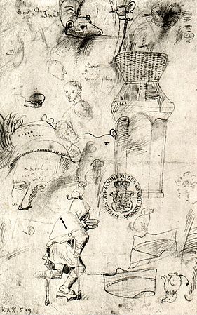 Divers croquis et un mendiant, dessin à la plume et encre marron sur papier (20,2 × 12,7 cm), Kupferstichkabinett Berlin.
