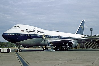 ex-BOAC Boeing 747 with "British airways" branding and Speedbird tail