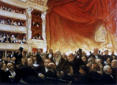 Édouard Dantan, Un Entracte à la Comédie-Française un soir de première, en 1885, Paris, Comédie-Française (Dreyfus est le 2e homme debout en partant de la droite).