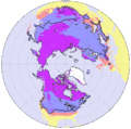 Nordhemisfera permafrost (konstante frosta grundo) purpure.