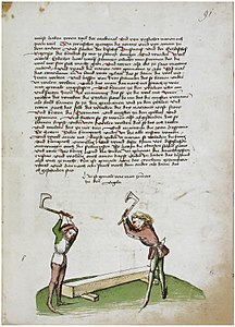 Ulrich de Richental. Behauen eines Balken. Tailler une poutre, vers 1464.