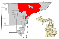 Location within Wayne County, Michigan and the state of ميشيجان