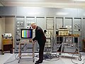 Image 23A color television test at the Mount Kaukau transmitter site, New Zealand in 1970. A test pattern with color bars is used to calibrate the signal. (from Color television)