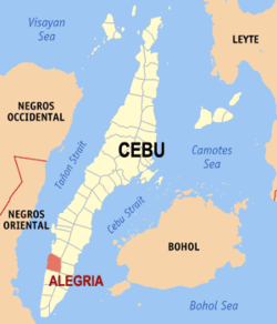 Mapa ng Cebu na nagpapakita sa lokasyon ng Alegria.