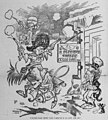 Image 121903 editorial cartoon by Bob Satterfield, depicting Arizona and New Mexico as crazed gunfighters intent on gaining access to the "E pluribus unum tavern". (from History of Arizona)