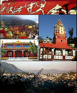 From top, left to right: Thodo dance of Solan; Shoolini Utsav; Shoolini Devi Temple Solan; Yung Drung Monastery, Dholanji, Solan; panoramic view of Solan city