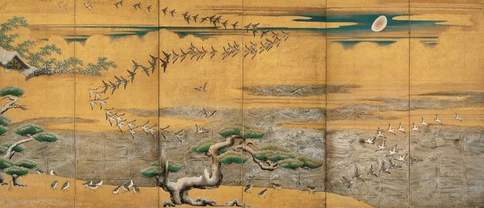 Waterfowl of the Winter Beach. Folding screen, left panel. 1629. Important Cultural Property