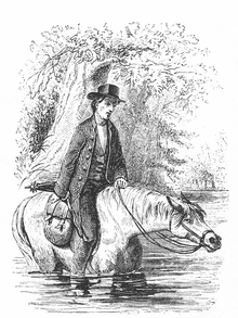 A lithograph of a man on horseback wading across a swamp or river.