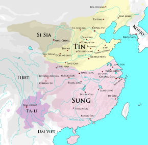 Mapa ukazující rozsah říší Sung, Ťin, Si Sia a Nan-čao. Říše Sung zahrnuje vlastní Čínu jižně od řeky Chuaj, říše Ťin čínská území severně od řeky Chuaj a Mandžusko, říše Si Sia leží západně od říše Ťin v Ordosu a Kan-su, říše Nan-čao leží jihozápadně od sungského území v dnešním Jün-nanu.