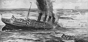 Lusitania is shown sinking as Irish fishermen race to the rescue. In fact, the launching of the lifeboats was more chaotic