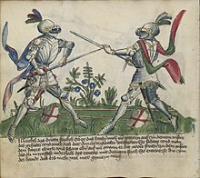 Dúas persoas en armadura tardomedieval empuñan espadas como se fosen pequenas lanzas, dispostas a combater.