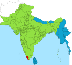 Location of the Kingdom of Travancore (in red) in India (in green)
