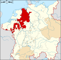 현대 독일, 오스트리아, 스위스, 벨기에, 네덜란드의 모든 영토와 이탈리아 북부 대부분을 포함한 대부분의 인접 국가의 일부를 포함하는 광범위한 지역 지도(흰색). 뮌스터, 네덜란드의 대부분과 현대 벨기에의 일부를 포함하여 북서쪽 지역의 일부는 색상으로 강조된다.