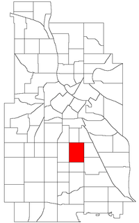 Location of Powderhorn Park within the U.S. city of Minneapolis