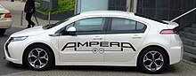 Side view of a white 4.5-meter long liftback with AMPERA livery
