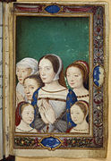Мадлен (отзад дясно) с майка си и сестрите си, миниатюра от „часослова на Катерина де Медичи“