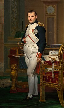 Potret Napoleon dalam usia empat puluhan, dalam pakaian seragam tentera putih dan biru tua berpangkat tinggi. Dalam imej asal Dia berdiri di tengah-tengah perabot mewah abad ke-18 yang sarat dengan kertas, dan merenung penonton. Rambutnya bergaya Brutus, dipotong rapat tetapi dengan pinggiran pendek di hadapan, dan tangan kanannya dimasukkan ke dalam kot.