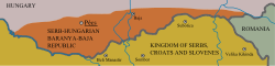 Border area between the Kingdoms of Hungary and the Serbs, Croats and Slovenes (later Yugoslavia). The territory claimed by the Baranya-Baja Republic is shown in brown.