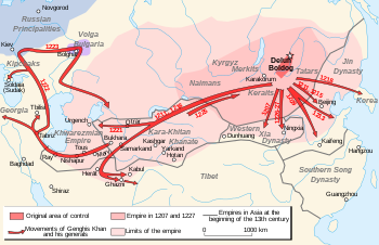 Map of Central Asian Mongol campaigns between 1216 and 1223.