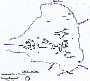 Black and white map of Truk Lagoon, showing the location of some of the islands referred to in the article