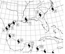 A map centered on the Gulf of Mexico, including parts of the northern Caribbean Sea, eastern Mexico, the Southeastern United States, and the Western Atlantic, with present-day U.S. state and national boundaries highlighted. An approximate track of the hurricane has been drawn, appearing as a parabola.