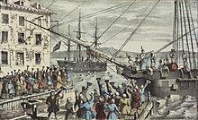 Two ships in a harbor, one in the distance. On board, men stripped to the waist and wearing feathers in their hair are throwing crates into the water. A large crowd, mostly men, is standing on the dock, waving hats and cheering. A few people wave their hats from windows in a nearby building.