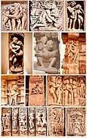 Kama-related arts are common in Hindu temples. These scenes include courtship, amorous couples in scenes of intimacy (mithuna), or a sexual position. Above: 6th- to 14th-century temples in Madhya Pradesh, Uttar Pradesh, Rajasthan, Gujarat, Karnataka, Chhattisgarh, Odisha, Tamil Nadu, Andhra Pradesh, and the Himalayas.