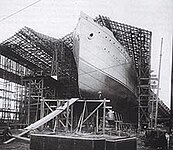 The painted hull of the Carpathia rests on the slipway, awaiting launch.