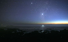 Sebuah foto langit malam yang diambil dari pantai. Banyak sinar matahari yang terlihat di cakrawala. Ada banyak bintang yang terlihat. Venus terdapat di tengah, jauh lebih terang daripada bintang mana pun, dan cahayanya dapat terlihat dipantulkan di lautan.