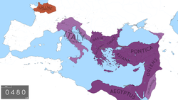 The territory of the Eastern Roman Empire under the Leonid dynasty in 480. The Western Roman Empire, depicted in pink, collapsed in 476/480, though the regions depicted nominally continued to be under Roman rule as vassals of the Eastern Empire.